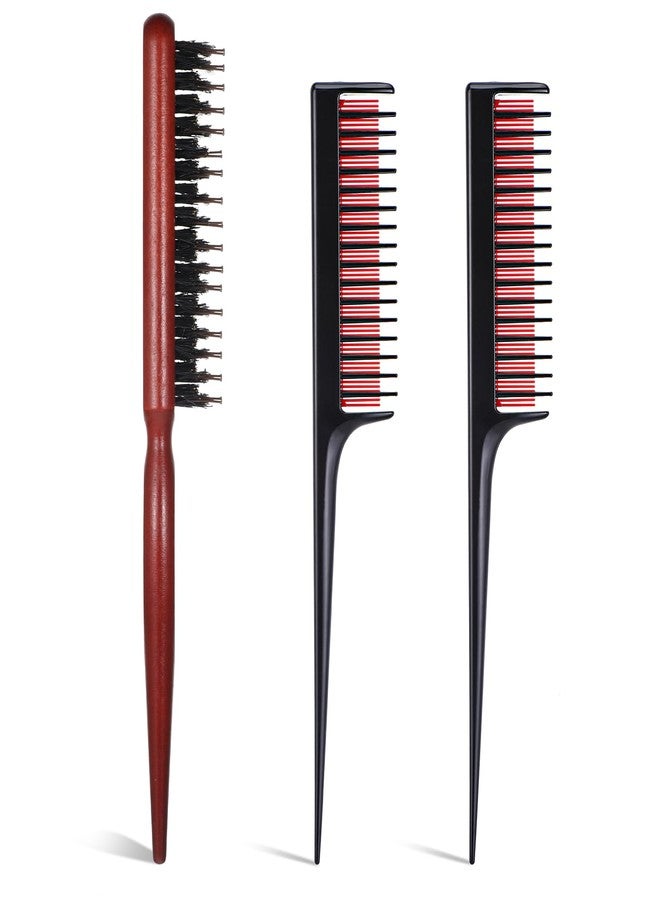 Qulkws 3 Pcs Hair Teasing Comb Set,Nylon Triple Comb and Boar Bristle Teaser Brushes for Women and Men styling Thick Fine Hair Styling, red, black - Image 1